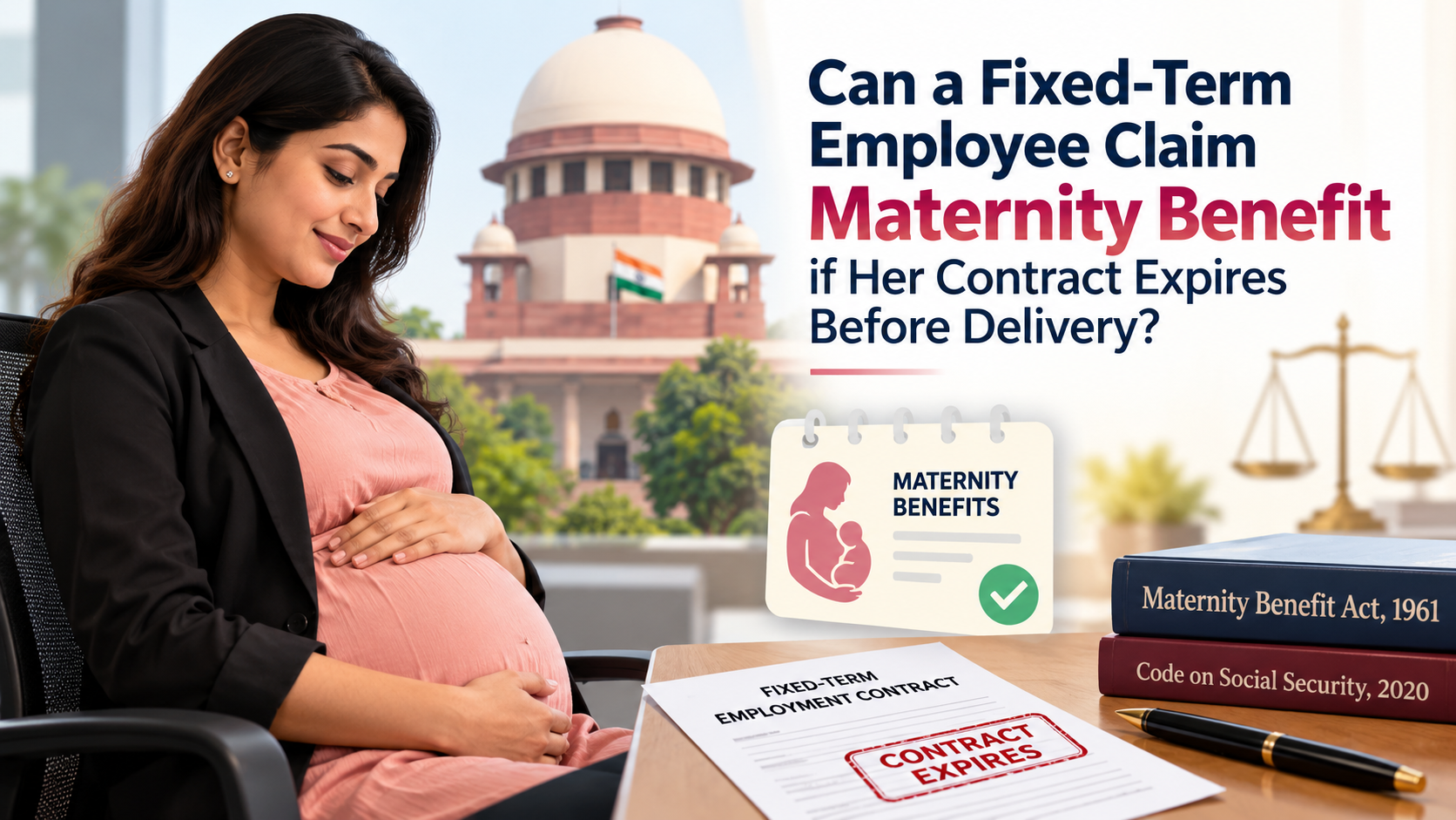 Maternity Benefits for Fixed-Term Employees After Contract Expiry Pregnant fixed-term employee reviewing maternity benefit rights after employment contract expiry in India.