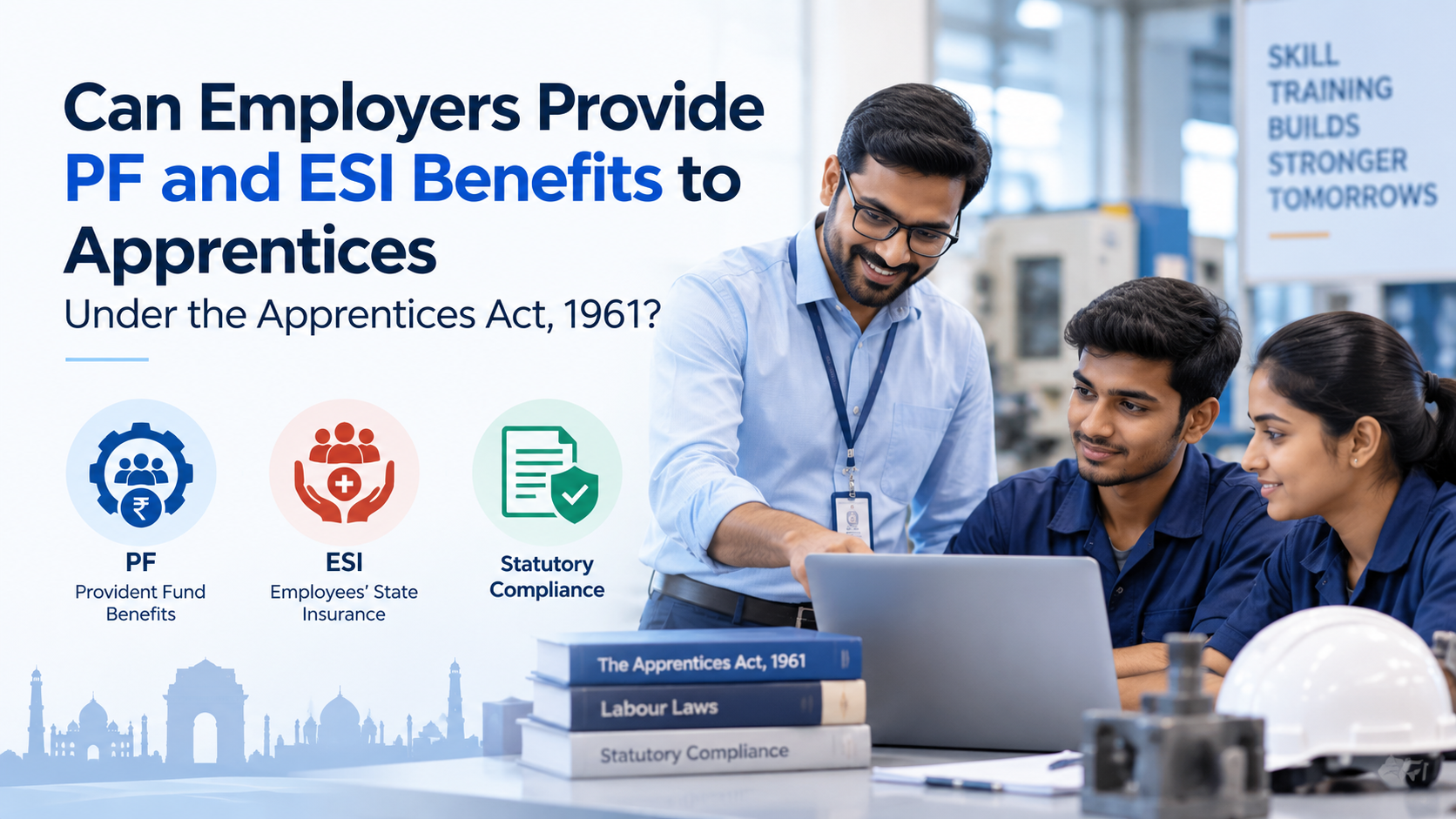 PF and ESI Benefits for Apprentices Under the Apprentices Act, 1961 Illustration of an employer explaining PF and ESI benefits to apprentices under the Apprentices Act, 1961